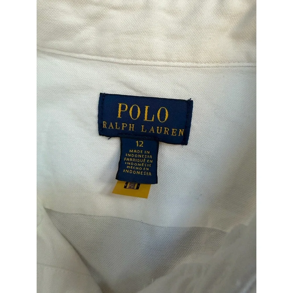 Ralph Lauren Girls Belted Cotton Oxford Shirtdress Sz 12 White Polo Dress NEW